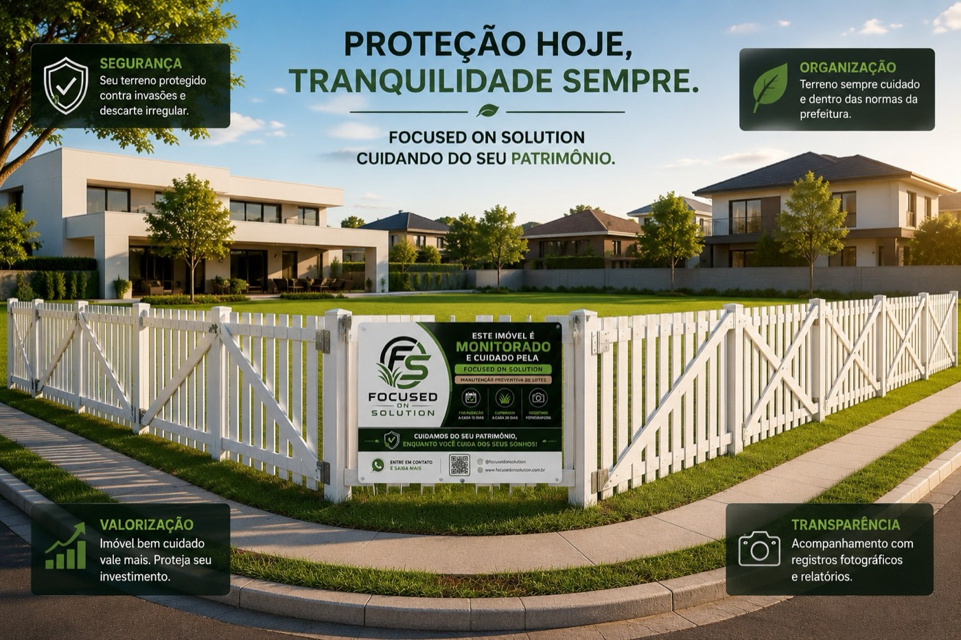 Conceito do Programa de Proteção Patrimonial FOS — terreno cercado, monitorado e valorizado