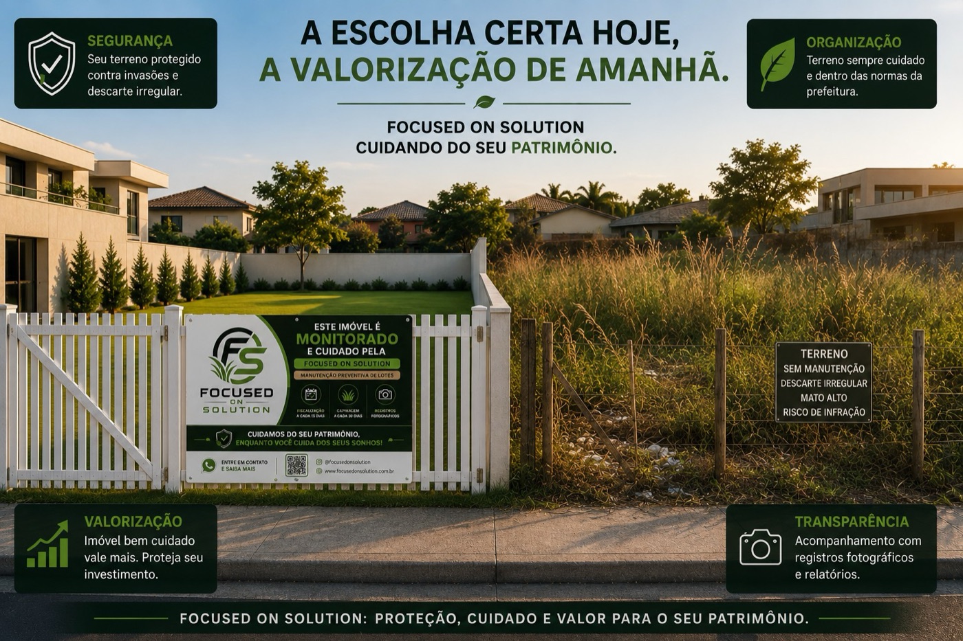 Contraste entre terreno protegido pela FOS e terreno vizinho sem manutenção